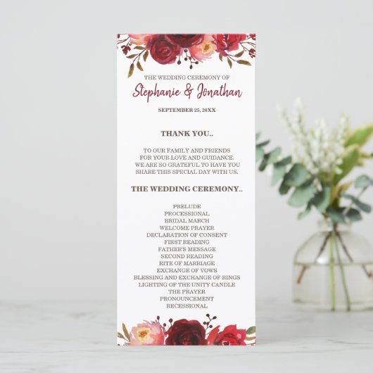 Burgundy Marsala Red Roses Floral Wedding Programm Programmakaart (Staand voorkant)