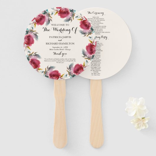 Burgundy Marsala Romantic Floral Wedding Programme Handwaaier (Voorkant en achterkant)