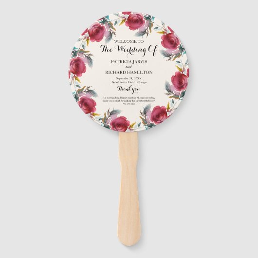 Burgundy Marsala Romantic Floral Wedding Programme Handwaaier (Voorkant)