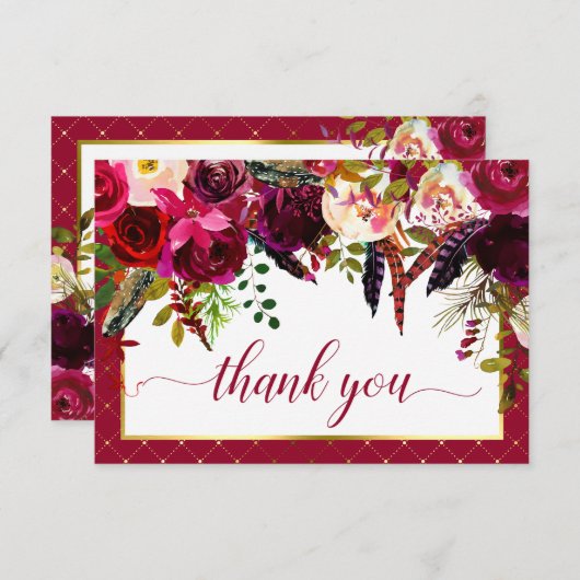 Burgundy Marsala Rustic Floral Chic Hartelijk dank Bedankkaart (Voorkant / Achterkant)