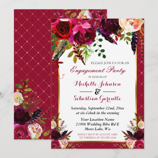 Burgundy Marsala Rustic Floral Engagement Party Kaart (Voorkant / Achterkant)