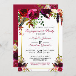 Burgundy Marsala Rustic Floral Engagement Party Kaart