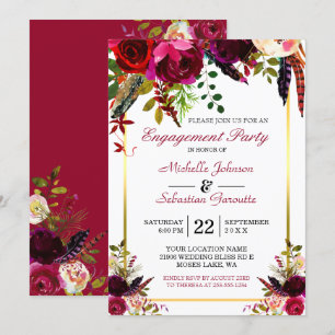 Burgundy Marsala Rustic Floral Engagement Party Kaart