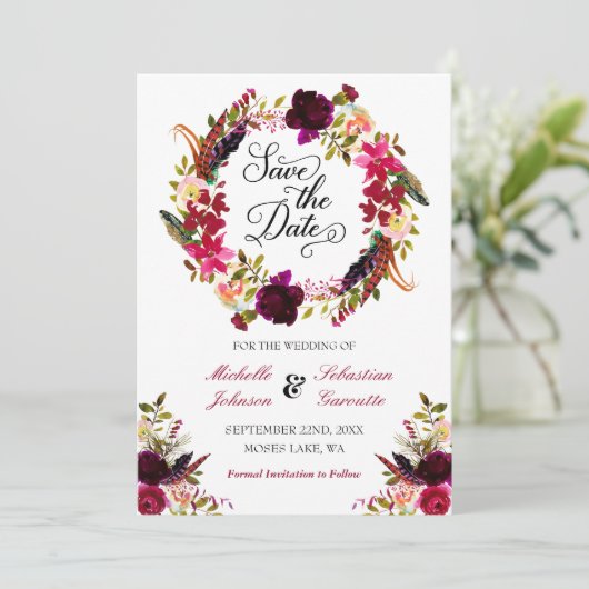 Burgundy Marsala Rustic Floral Save the Date (Staand voorkant)