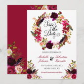 Burgundy Marsala Rustic Floral Save the Date (Voorkant / Achterkant)