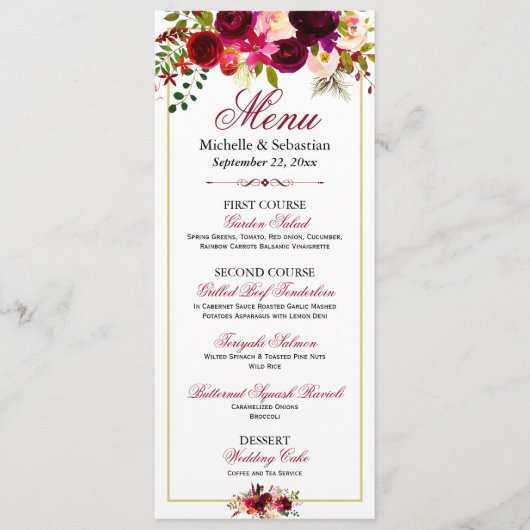 Burgundy Marsala Rustic Floral Wedding Menu (Voorkant)