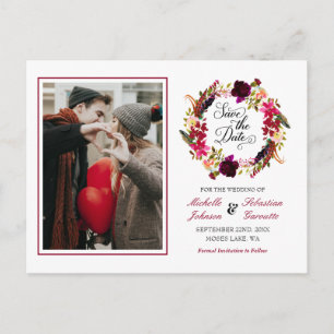 Burgundy Marsala Rustic Foto Floral Save the Date Aankondigingskaart