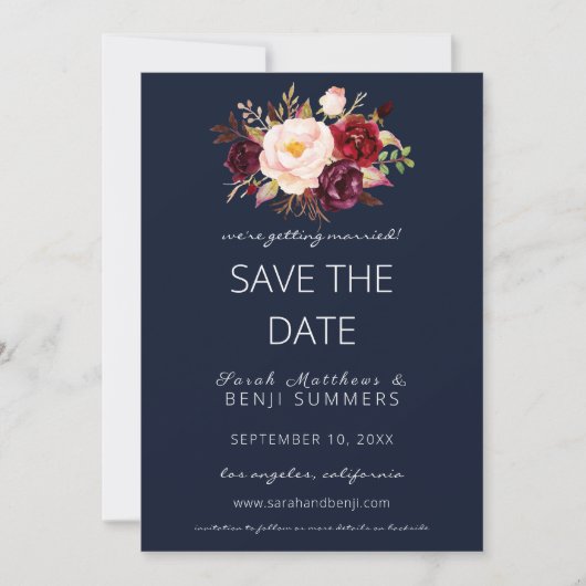Burgundy Marsala Save the Date Change Navy Kaart (Voorkant)