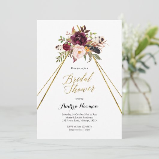 burgundy marsala teepee bridal - doucheuitnodiging kaart (Staand voorkant)