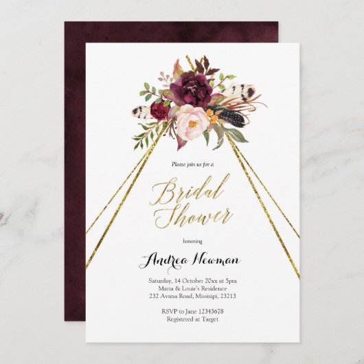 burgundy marsala teepee bridal - doucheuitnodiging kaart (Voorkant / Achterkant)