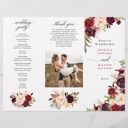 Burgundy Marsala Tri-Fold Wedding Program Foto Flyer (Voorkant)