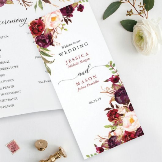 Burgundy Marsala Tri-Fold Wedding Programme Flyer