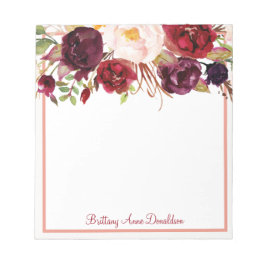 Burgundy Marsala Waterverf Floral personaliseren Notitieblok