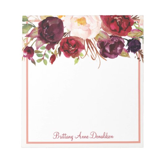 Burgundy Marsala Waterverf Floral personaliseren Notitieblok (Voorkant)