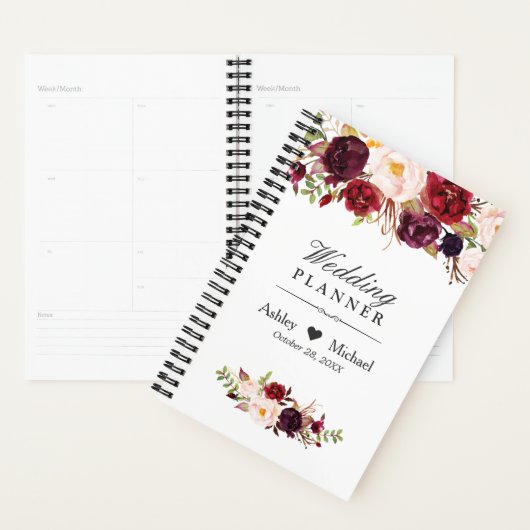 Burgundy Marsala Waterverf Rood huwelijk Planner (Display)