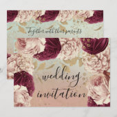 Burgundy Marsala Wedding Roos Blue Rozen Floral Kaart (Voorkant / Achterkant)