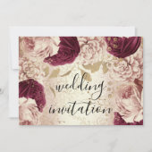 Burgundy Marsala Wedding Roos Gold Rozen Floral Kaart (Voorkant)