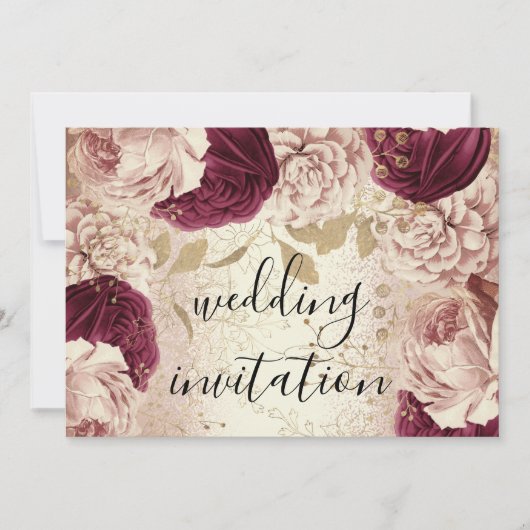 Burgundy Marsala Wedding Roos Gold Rozen Floral Kaart (Voorkant)