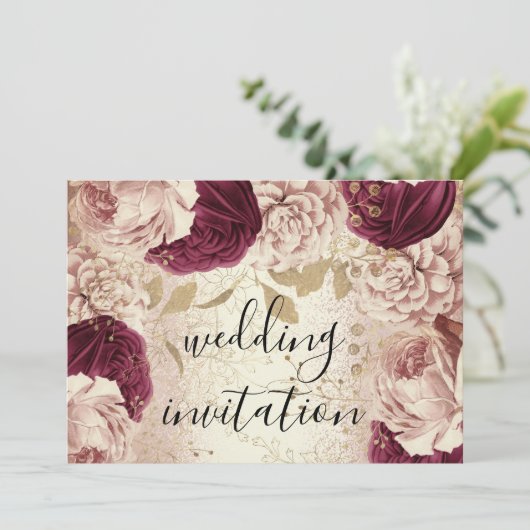 Burgundy Marsala Wedding Roos Gold Rozen Floral Kaart (Staand voorkant)