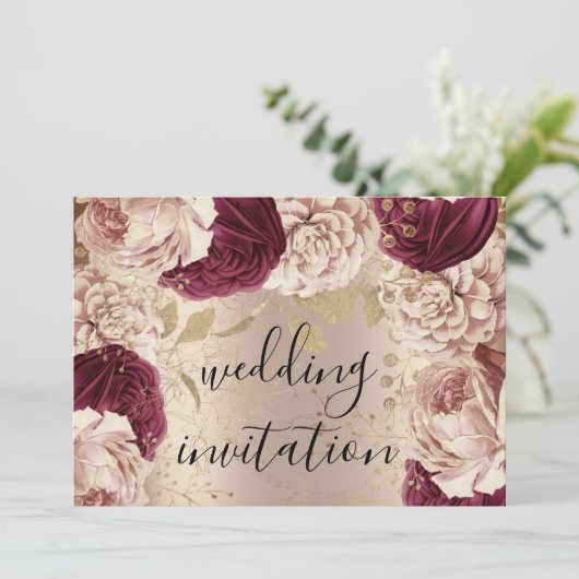 Burgundy Marsala Wedding Roos Gold Rozen Roze Kaart (Staand voorkant)