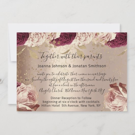 Burgundy Marsala Wedding Roos Gold Rozen Roze Kaart (Achterkant)