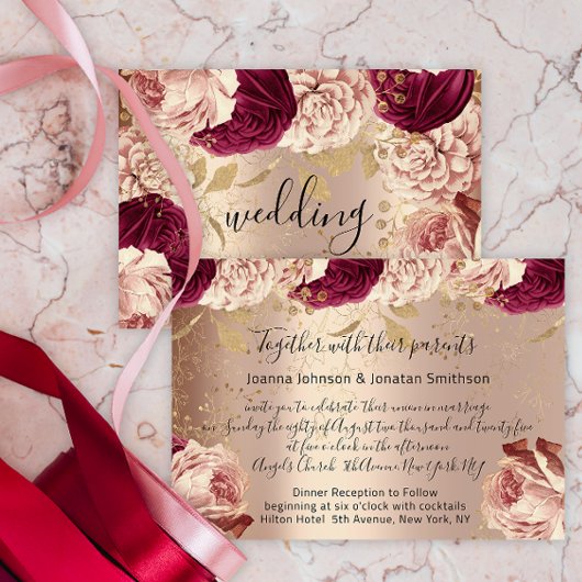 Burgundy Marsala Wedding Roos Gold Rozen Roze Kaart