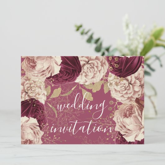 Burgundy Marsala Wedding Roos Rozen Floral Kaart (Staand voorkant)
