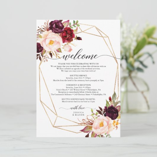 Burgundy Marsala Wedding Welcome Itinerary Letter Programmakaart (Staand voorkant)