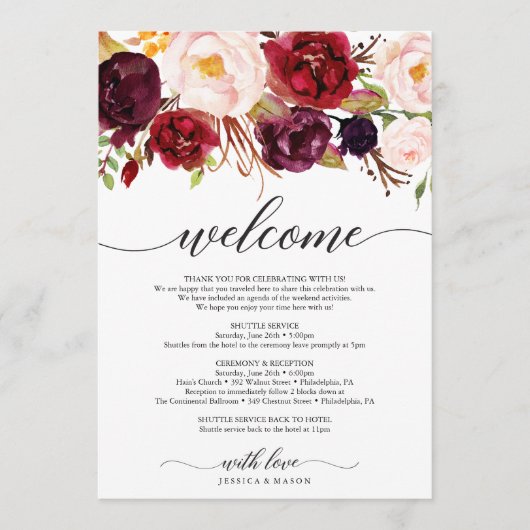 Burgundy Marsala Wedding Welcome Itinerary Letter Programmakaart (Voorkant)