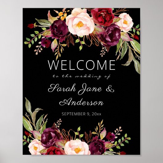Burgundy Marsala Welcome Sign Poster Black (Voorkant)