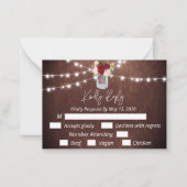 Burgundy Mason Jar Wood String Lights Budget RSVP Notitiekaartje (Voorkant)