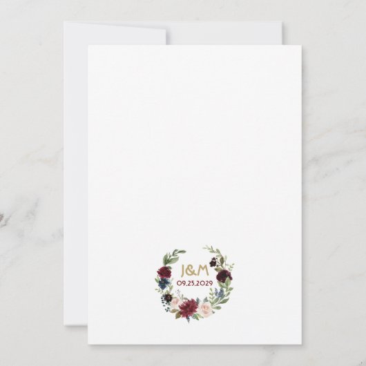 Burgundy Merlot & Navy Blue Floral Boms Weddenscha Kaart (Achterkant)