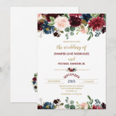 Burgundy Merlot & Navy Blue Floral Boms Weddenscha Kaart (Voorkant / Achterkant)