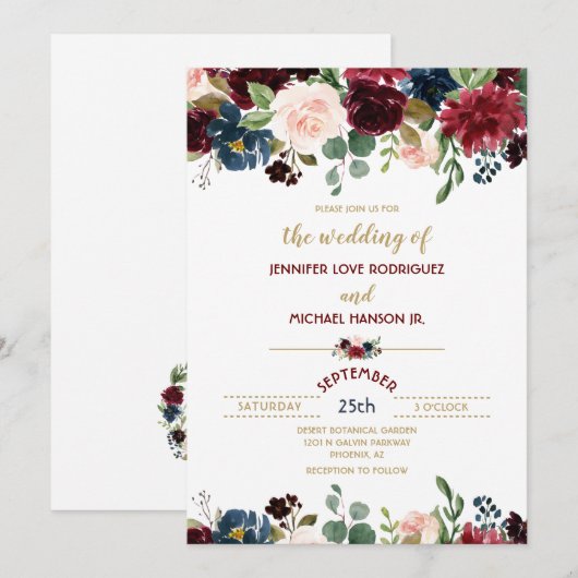 Burgundy Merlot & Navy Blue Floral Boms Weddenscha Kaart (Voorkant / Achterkant)