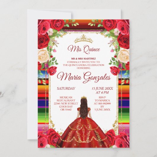 Burgundy Mexican Mis Quince Invitation Kaart (Voorkant)