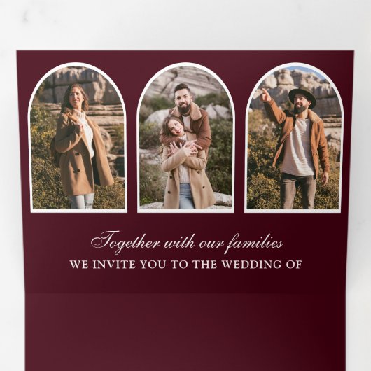 Burgundy Minimal Arch Photo QR code Wedding Drieluik Uitnodiging (Binnenzijde eerst)