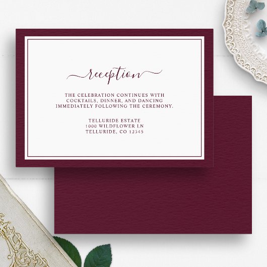 Burgundy Minimal Elegant Script Reception Wedding Informatiekaartje
