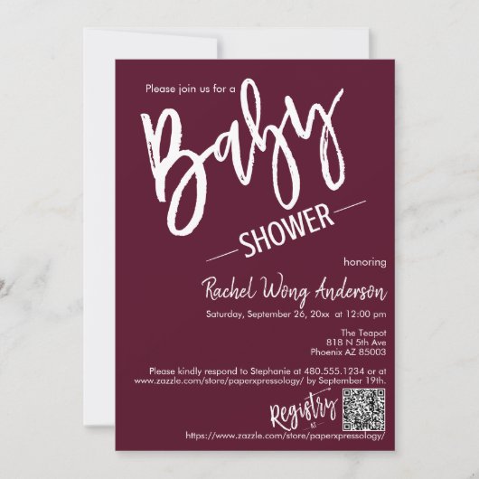 Burgundy Minimal Script Baby shower QR Code Foto Kaart (Voorkant)
