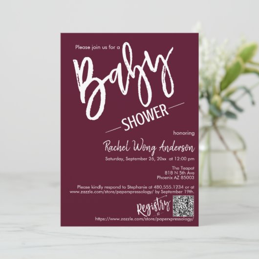 Burgundy Minimal Script Baby shower QR Code Foto Kaart (Staand voorkant)