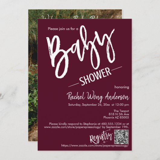 Burgundy Minimal Script Baby shower QR Code Foto Kaart (Voorkant / Achterkant)