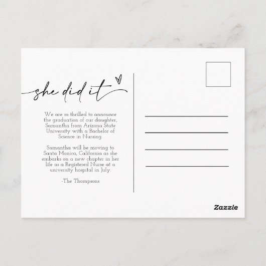 Burgundy Minimal Script dat ze heeft Afstuderen Briefkaart (Achterkant)