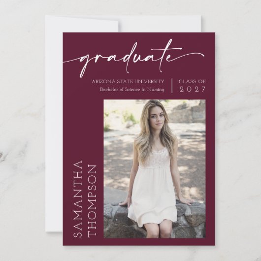 Burgundy Minimal Script Two Photo Graduparty Kaart (Voorkant)