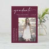 Burgundy Minimal Script Two Photo Graduparty Kaart (Staand voorkant)