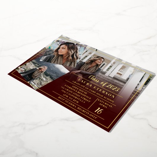 Burgundy minimalist 3 foto's afstuderen folie uitnodiging (Gedraaid)