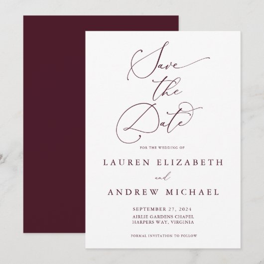 Burgundy Minimalist Save the Date Invitation Kaart (Voorkant / Achterkant)
