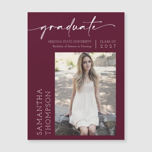 Burgundy Minimalist Script Photo Afstuderen Magnet (Voorkant)