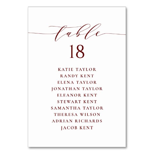 Burgundy Minimalist Script Wedding Seating Plan Kaart (Voorkant)