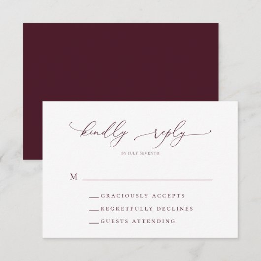 Burgundy Minimalist Wedding RSVP Kaart (Voorkant / Achterkant)