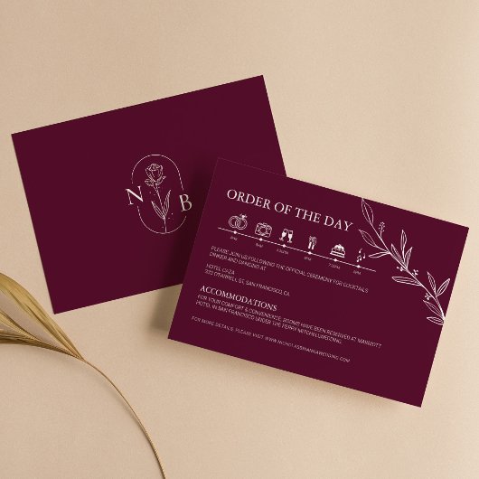 Burgundy Minimalistische Boho Trouwtijdlijn Informatiekaartje