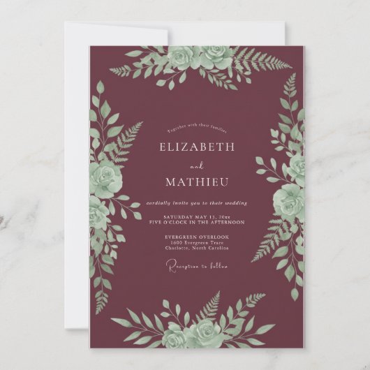 Burgundy Mint Bloei Bruiloft Kaart (Voorkant)